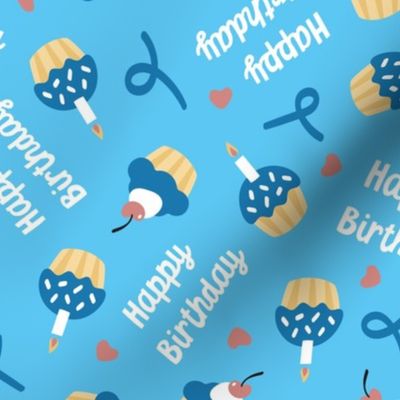 Happy Birthday cupcakes on blue