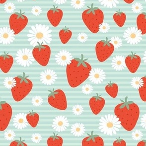Strawberry summer garden daisy blossom and stripes red white yellow on minty green