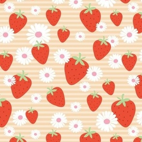 Strawberry summer garden daisy blossom and stripes red pink white on soft vanilla yellow