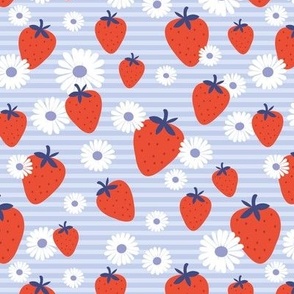 Strawberry summer garden daisy blossom and stripes red white eclectic blue on soft baby blue
