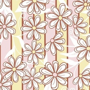 White with Brown Daisies on Butter and Piglet Stripes