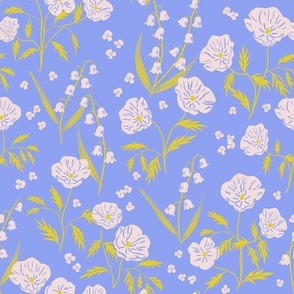 Delicate spring flowers in lavender blue light pink and yellow
