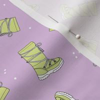 Retro snowboots and snowflakes illustration - winter clothing warm cozy fashion icon lime white on lilac purple 