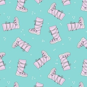 Retro snowboots and snowflakes illustration - winter clothing warm cozy fashion icon pink white on blue 