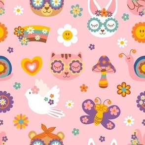 Retro animals and flowers on a  pink background