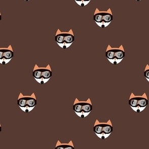 Winter woodland foxes with ski goggles - retro animal kids design orange on chocolate brown 