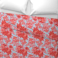 Luxury Coral Roses branch on sky blue 