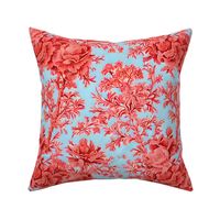 Luxury Coral Roses branch on sky blue 