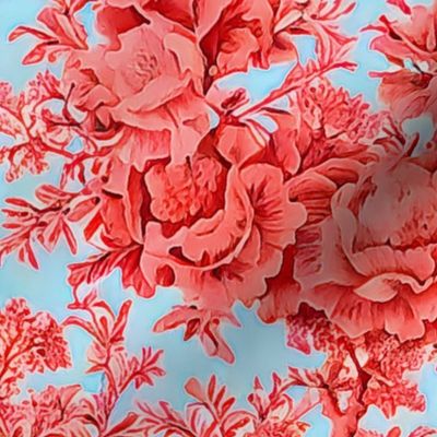 Luxury Coral Roses branch on sky blue 