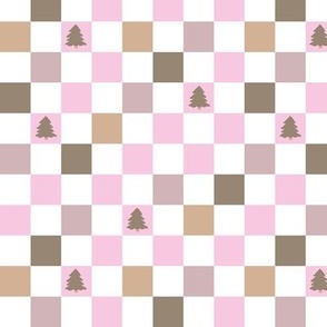 Pine trees checkerboard - winter woodland trees beige pink caramel 