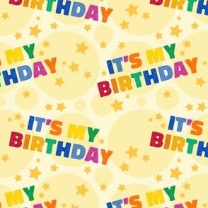 Its My Birthday Party Celebration, Birthday Fabric, Rainbow, Grey, Yellow