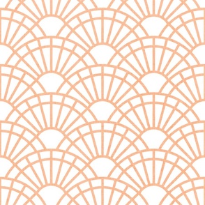 Serene Sunshine- Coral- Soft Orange- Pastel Orange- White Background- Art Deco Wallpaper- Geometric Minimalist Monochromatic Scalloped Suns- Soothing- Relaxing- Medium