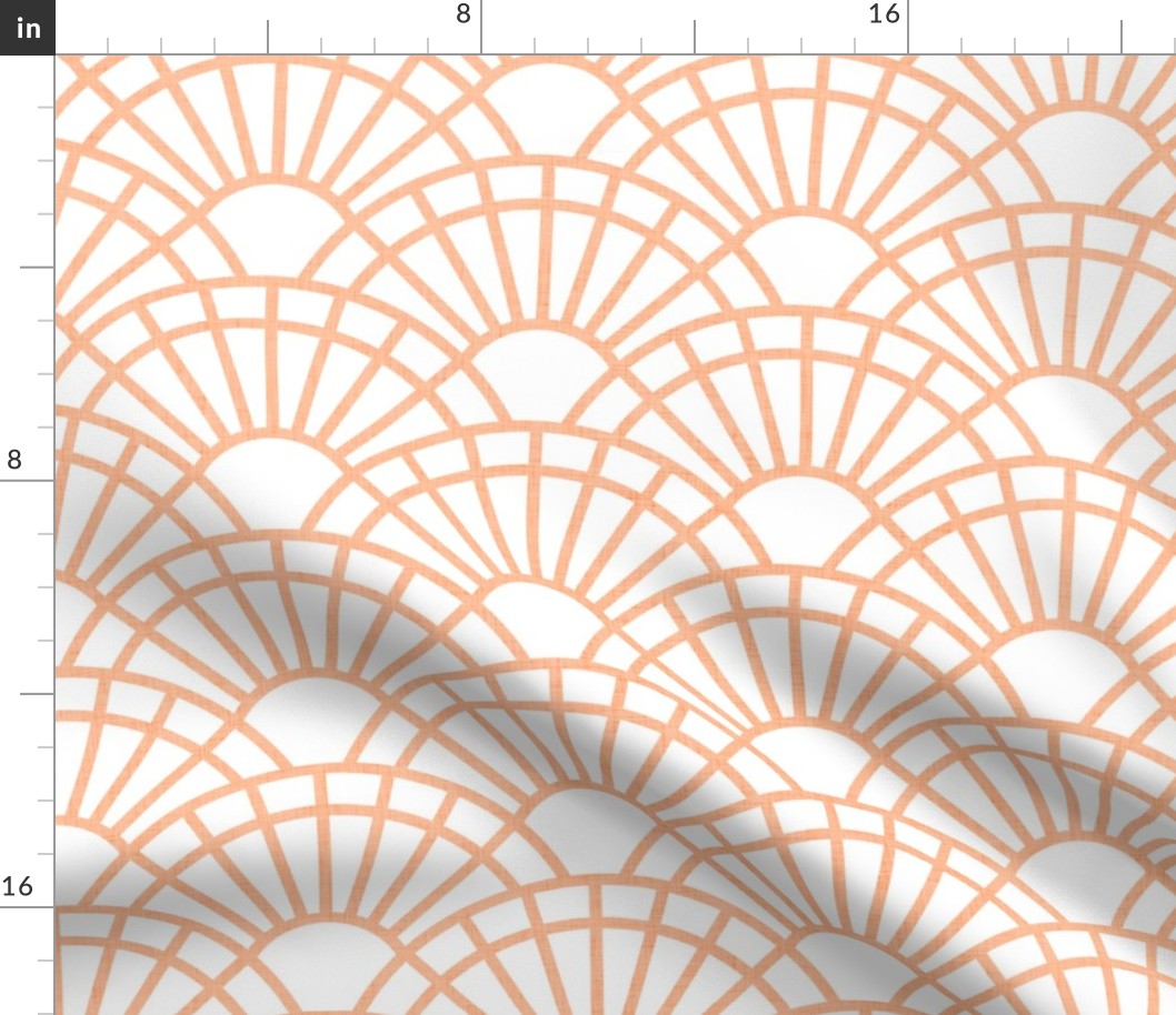 Serene Sunshine- Coral- Soft Orange- Pastel Orange- White Background- Art Deco Wallpaper- Geometric Minimalist Monochromatic Scalloped Suns- Soothing- Relaxing- Medium