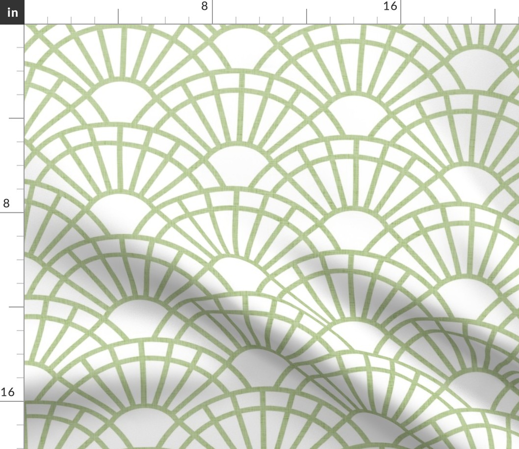 Serene Sunshine- Green- Soft Green- Pastel Green- White Background- Art Deco Wallpaper- Geometric Minimalist Monochromatic Scalloped Suns- Soothing- Relaxing- Medium