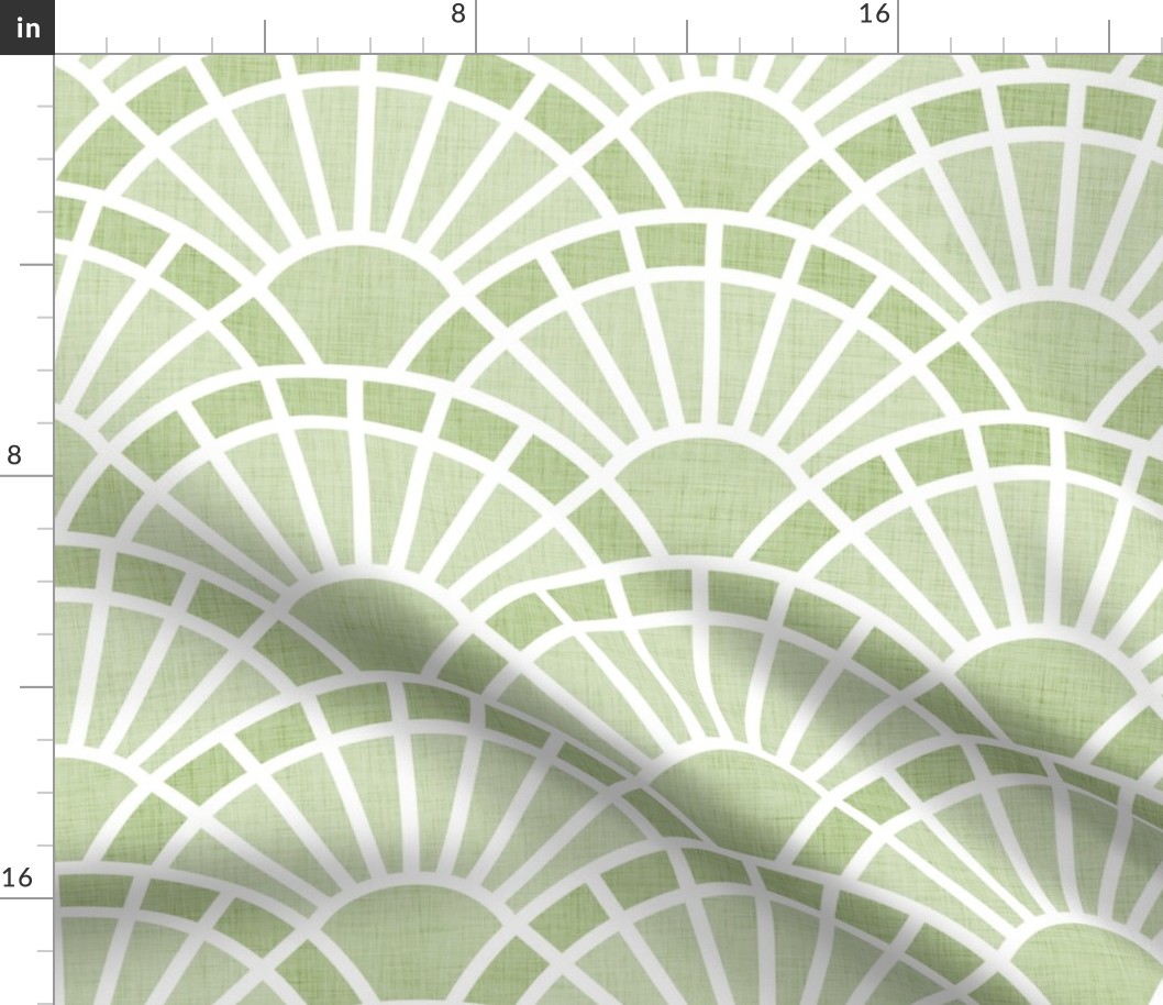 Serene Sunshine- Green- Soft Green- Pastel Green- Art Deco Wallpaper- Geometric Minimalist Monochromatic Scalloped Suns- Soothing- Relaxing- Large