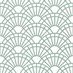Serene Sunshine- Mint Green- Soft Mint- Pastel Teal- White Background- Art Deco Wallpaper- Geometric Minimalist Monochromatic Scalloped Suns- Soothing- Relaxing- Medium