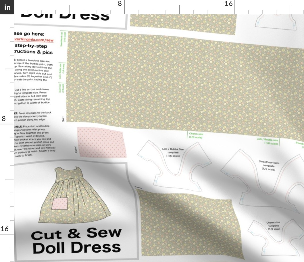 Buttercup (doll dress in sage) on FAT QUARTER for Forever Virginia Dolls and other 1/8, 1/6 and 1/5 scale child dolls  // little small scale tiny mini micro doll 