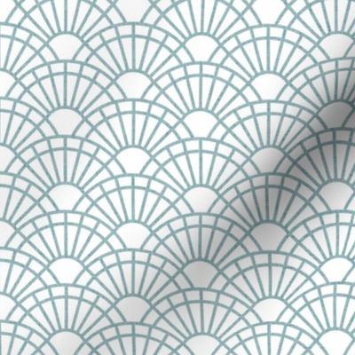 Serene Sunshine- Light Teal- Soft Blue Teal- Pastel Teal Blue- White Background- Art Deco Wallpaper- Geometric Minimalist Monochromatic Scalloped Suns- Soothing- Relaxing- sMini