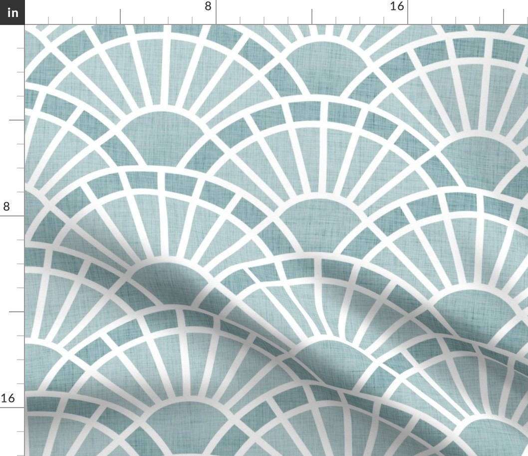 Serene Sunshine- Light Teal- Soft Blue Teal- Pastel Teal Blue- Art Deco Wallpaper- Geometric Minimalist Monochromatic Scalloped Suns- Soothing- Relaxing- Large