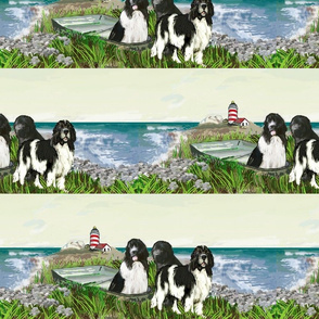 Three newfs and lighthouse seascape fabric and wallpaper