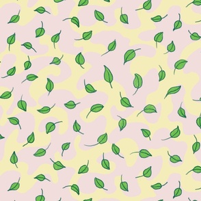 Simple Leaves Scattered across a Yellow & Pink Background