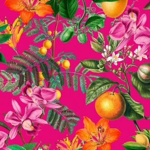Colorful Tropical Garden With Fruits And Flowers On Fuchsia Pink