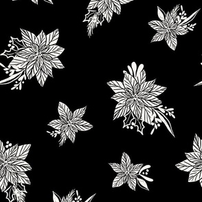 Poinsettia snow on coal 12" - Nut Cracker's Christmas collection. black and white