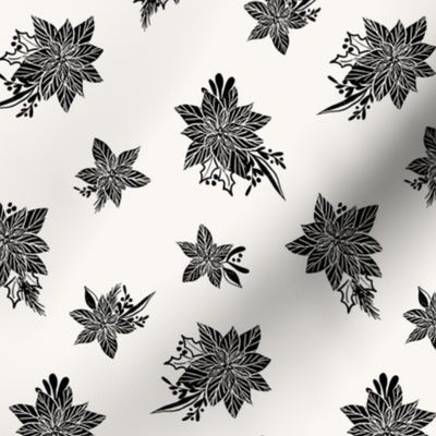Poinsettia coal on snow 6" - Nut Cracker's Christmas collection, black and white, monochrome
