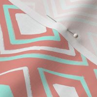 Abstract White, Coral and Mint, Tile  Repeated Design in Diamonds