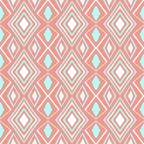 Abstract White, Coral and Mint, Tile  Repeated Design in Diamonds