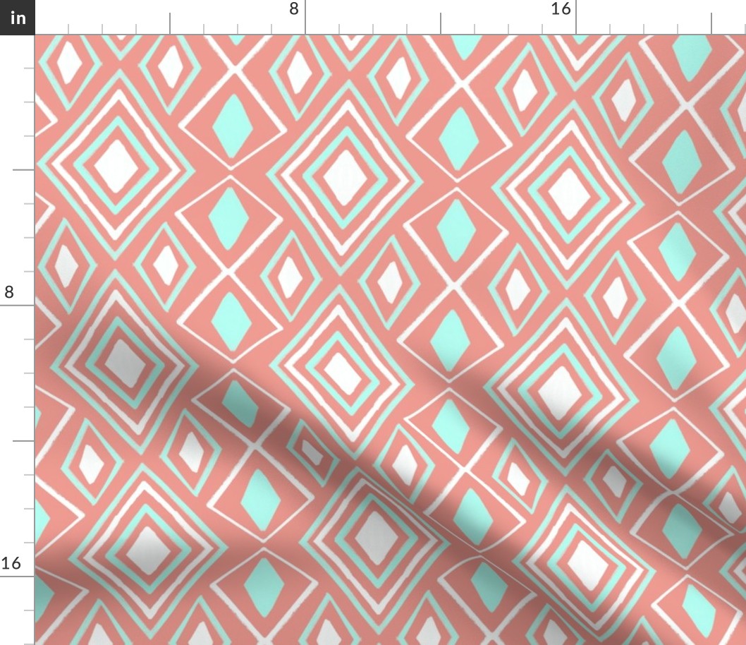 Abstract White, Coral and Mint, Tile  Repeated Design in Diamonds