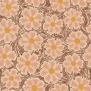 Carved pink and yellow daisies // medium // red and pink floral