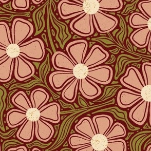 Carved Pink Daisies // Large // Retro Modern Daisy Floral on Burgundy 