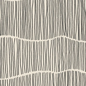 Large Wavy Line Hand Drawn Horizontal Stripes in Black on Antique Cream