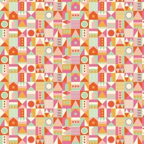 Soft Pastel Mid Mod abstract geometric shapes in orange, pink, yellow, green and cream– small scale