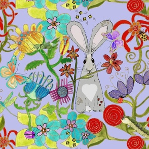 Watercolor Whimsical Doodle Bugs , Flowers And Bunny