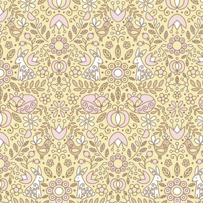 (LARGE) Folk Woodland Damask in Yellow Butter and Piglet Pink