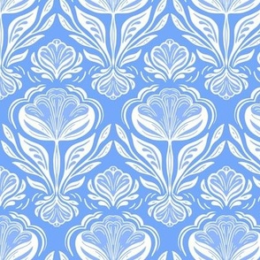 Geometric rows of stylised flowers cornflower blue and white, large scale