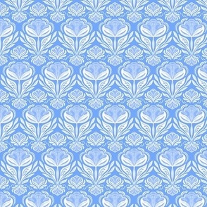 Geometric rows of stylised flowers cornflower blue and white, small scale