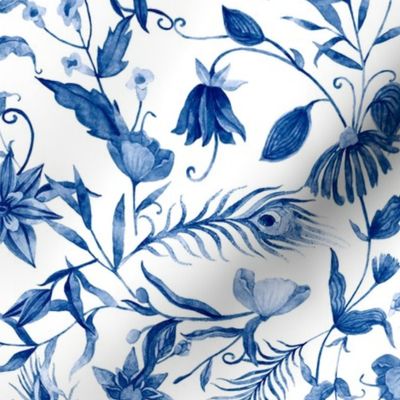 21" Blue and white luxurious restored ornamental hand painted summer wildflower and feather chinoiserie meadow  - home decor, Baby Girl and nursery fabric perfect for kidsroom wallpaper, kids room, kids home decor