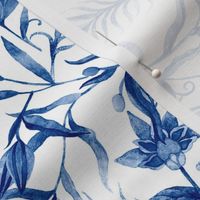 21" Blue and white luxurious restored ornamental hand painted summer wildflower and feather chinoiserie meadow  - home decor, Baby Girl and nursery fabric perfect for kidsroom wallpaper, kids room, kids home decor