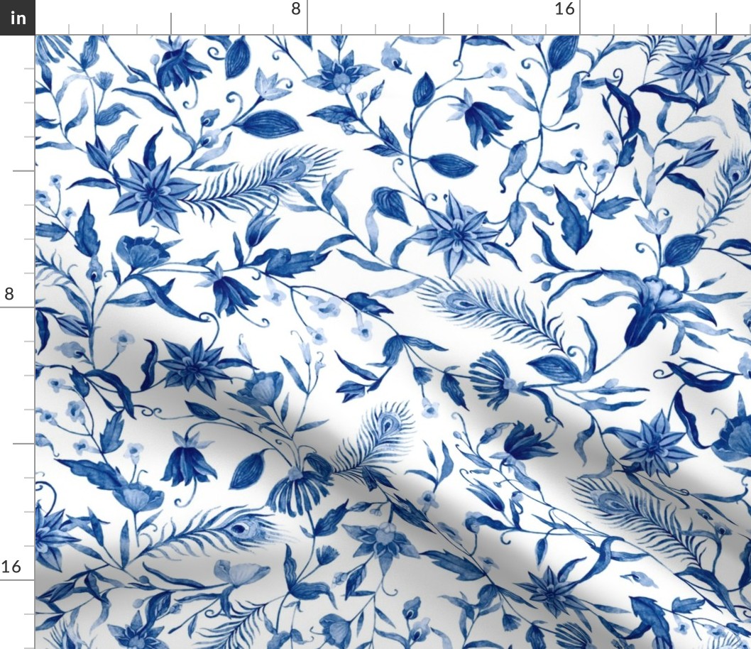 21" Blue and white luxurious restored ornamental hand painted summer wildflower and feather chinoiserie meadow  - home decor, Baby Girl and nursery fabric perfect for kidsroom wallpaper, kids room, kids home decor