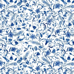 14"  Blue and white luxurious restored ornamental hand painted summer wildflower and feather chinoiserie meadow  - home decor, Baby Girl and nursery fabric perfect for kidsroom wallpaper, kids room, kids home decor