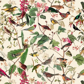 Midsummer Birds And Vegetation Vintage Botanical Illustration On A Warm Beige Smaller Scale 