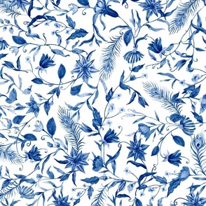 Turned Left 21"  Blue and white luxurious restored ornamental hand painted summer wildflower and feather chinoiserie meadow  - home decor, Baby Girl and nursery fabric perfect for kidsroom wallpaper, kids room, kids home decor