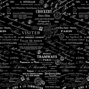 French And English Vintage Typography Pattern White On Black