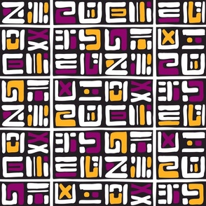 Orderly chaotic - different shapes in white, purple and orange on black - small