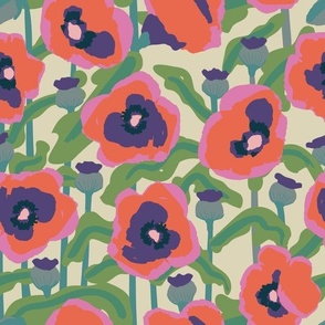 Messy poppies - (barefoot and boho collection - fabric 12" wallpaper 24") - Big relaxed poppies in this near abstract design in greens, pinks and red.