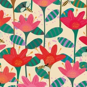 Buzzy -(12") - Pretty red flowers and flying bee type insects  in this design on a cream background.