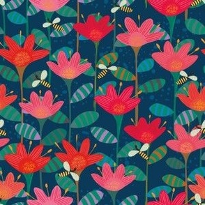 Buzzy -(6") - Pretty red flowers and flying bee type insects  in this design on a dark blue background.